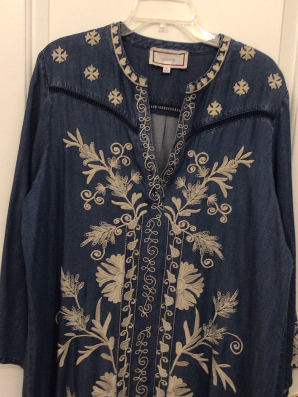 Johnny Was Blue Denim dress with Cream Floral Embroidery